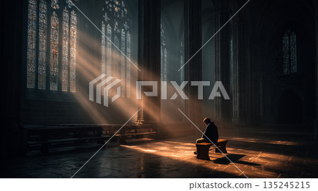 Lonely man sitting in cathedral church with dramatic sun rays through stained glass windows creating spiritual and peaceful atmosphere 135245215