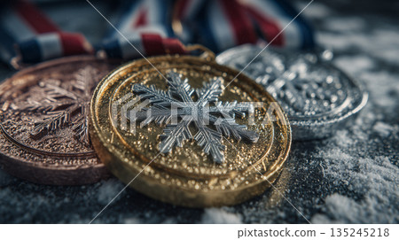 Winter sports medals with gold silver bronze awards on snowy surface celebrating victory achievement and competition success 135245218