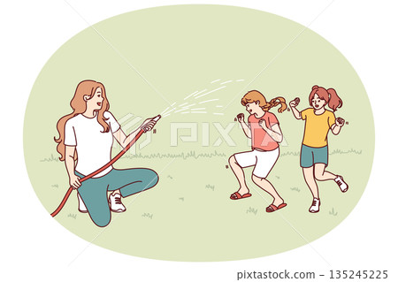 Happy mother watering laughing children with hose enjoying summer walk in park or backyard Happy mother watering laughing children with hose enjoying summer walk in park or backyard 135245225