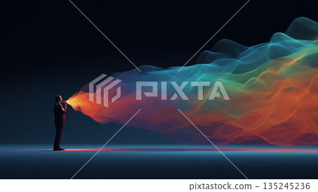 Creative businessman speaking into microphone with colorful sound wave flow visualizing voice and communication concept 135245236