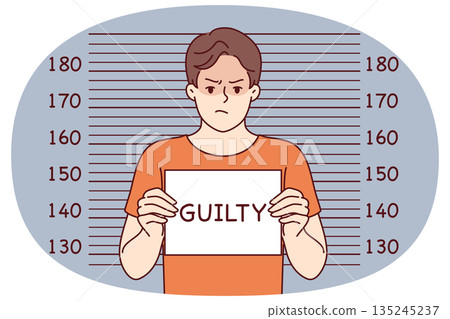 Man criminal with inscription guilty on sign stands near lines for measuring height arrested bandit Man criminal with inscription guilty on sign stands near lines for measuring height arrested bandit 135245237
