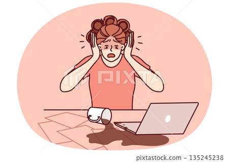 Clumsy businesswoman spilled coffee on laptop and documents due to tiredness or chaos on desktop 135245238