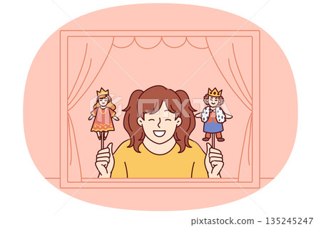Girl performs in puppet theater showing scene with prince and princess from children story Girl performs in puppet theater showing scene with prince and princess from children story 135245247