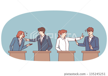 Debates of politicians standing behind stands during election campaign in parliament Debates of politicians standing behind stands during election campaign in parliament 135245251