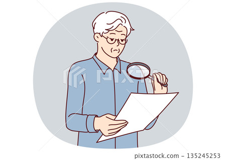 Experienced businessman is checking legal contract using magnifying glass to read fine print Experienced businessman is checking legal contract using magnifying glass to read fine print 135245253