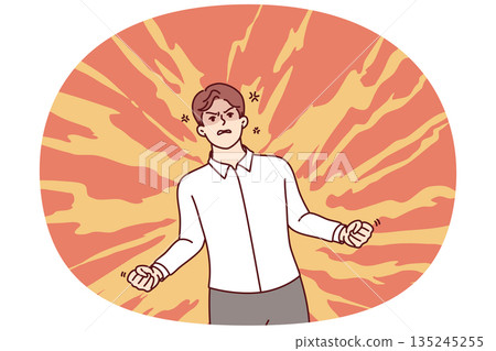 Angry businessman clenching fists standing in flames and feeling hatred and aggression. Angry businessman clenching fists standing in flames and feeling hatred and aggression. 135245255