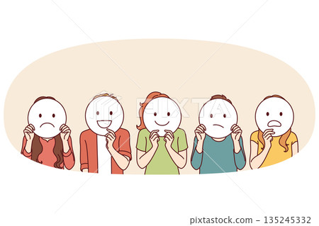 Group of people hide emotions by showing different emoticons with different mental moods Group of people hide emotions by showing different emoticons with different mental moods 135245332