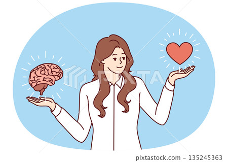 Woman maintains balance in career and personal life by standing near heart and brain 135245363