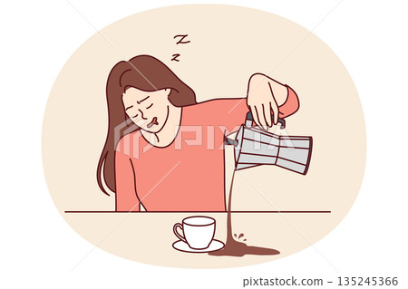 Tired woman spills coffee falling asleep during breakfast and needing vacation due to overtime Tired woman spills coffee falling asleep during breakfast and needing vacation due to overtime 135245366