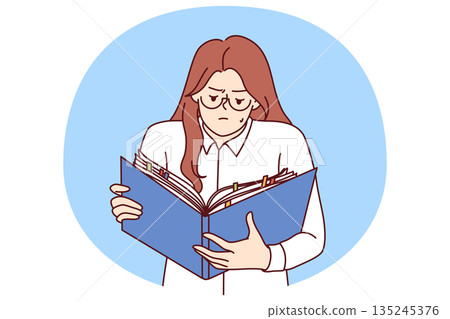 Woman is studying secret documents holding folder of papers and working with confidential data 135245376