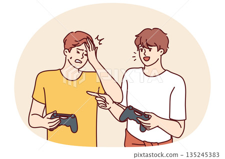 Men play video game and hold joysticks for computer or console during home esports tournament 135245383