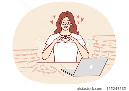 Romantic woman freelancer shows heart with fingers as token of appreciation to clients or employers Romantic woman freelancer shows heart with fingers as token of appreciation to clients or employers 135245385