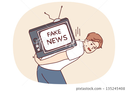 Man suffering from fake news on TV for concept of fighting disinformation and propaganda in media Man suffering from fake news on TV for concept of fighting disinformation and propaganda in media 135245408