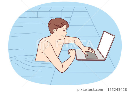 Man swims in pool and uses laptop to do freelance work while traveling or relaxing 135245428