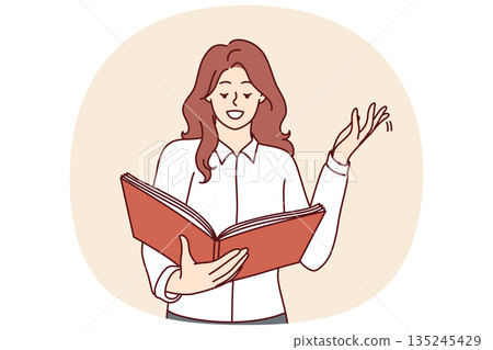 Woman is reading book with smile rehearsing theatrical role and dreaming of becoming famous actress Woman is reading book with smile rehearsing theatrical role and dreaming of becoming famous actress 135245429