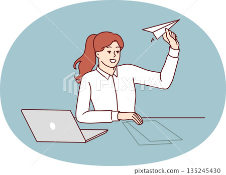 Woman office manager is distracted by launching paper plane and suffering from lack of motivation Woman office manager is distracted by launching paper plane and suffering from lack of motivation 135245430