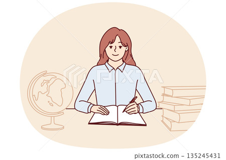 Teenager girl sits at school desk with globe and books to gain new knowledge and quality education Teenager girl sits at school desk with globe and books to gain new knowledge and quality education 135245431