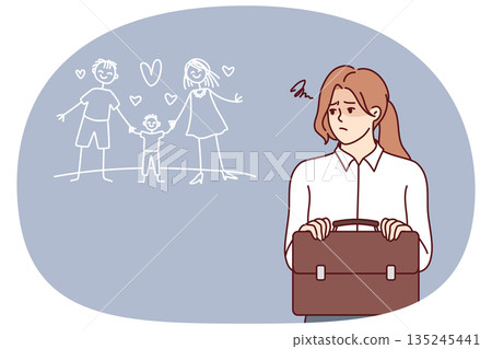 Frustrated business woman suffers dreaming of family life with husband and child. Frustrated business woman suffers dreaming of family life with husband and child. 135245441
