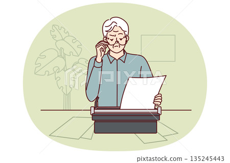 Elderly man uses typewriter and works as writer, wanting to publish own book of fiction 135245443