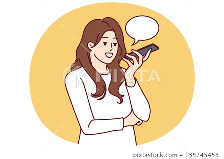 Woman with phone records audio message or using speech recognition features to send via messenger Woman with phone records audio message or using speech recognition features to send via messenger 135245453