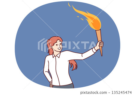 Woman with burning torch lights way in dark for concept of finding solution in difficult situation. 135245474