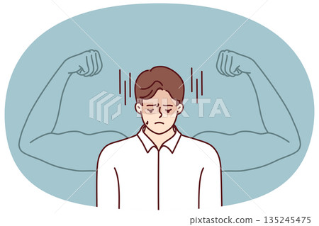 Frustrated man wants to get strong to have muscular arms and needs help of fitness trainer 135245475