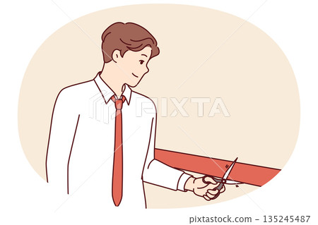 Man cuts red ribbon at ceremony to celebrate opening of new store or restaurant. Man cuts red ribbon at ceremony to celebrate opening of new store or restaurant. 135245487