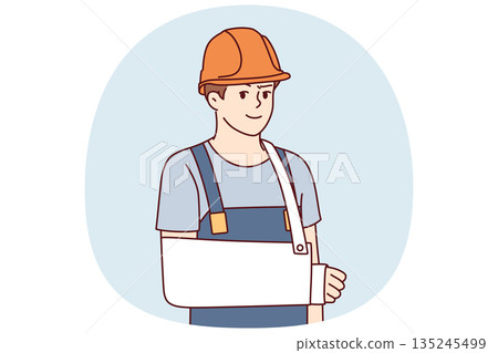 Man builder with broken arm after accident at workplace for employees insurance concept Man builder with broken arm after accident at workplace for employees insurance concept 135245499