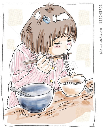 Child eating udon noodles (colored) 135245701