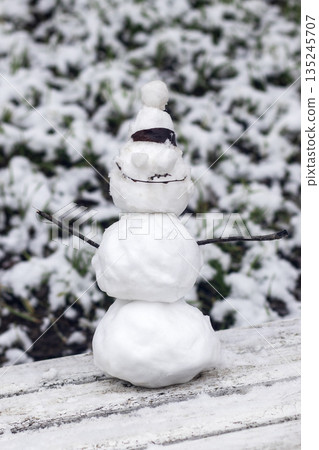 Snowman on a snow-covered bench in a quiet winter garden scene 135245707