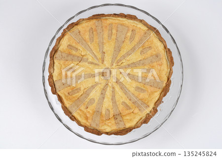 Baked cheese cake on glass stand Baked cheese cake on glass stand 135245824
