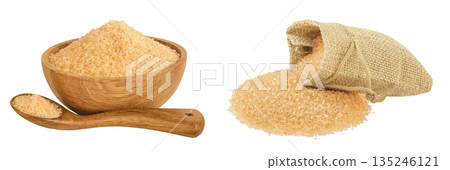 The brown sugar in wooden bowl and bag isolated on white background The brown sugar in wooden bowl and bag isolated on white background 135246121