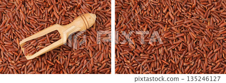 red rice in a wooden scoop as a background. Top view. Flat lay red rice in a wooden scoop as a background. Top view. Flat lay 135246127