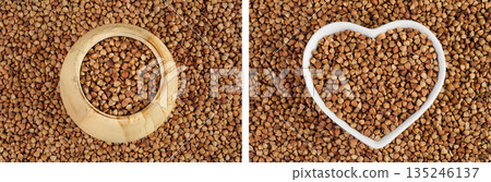 Raw buckwheat in wooden and ceramic bowl as a background. Top view. Flat lay Raw buckwheat in wooden and ceramic bowl as a background. Top view. Flat lay 135246137