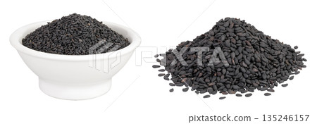 black sesame seeds in ceramic bowl isolated on white background with full depth of field black sesame seeds in ceramic bowl isolated on white background with full depth of field 135246157
