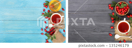 tea with rose hips and honey on blue and black wooden background with copy space for your text. Top view tea with rose hips and honey on blue and black wooden background with copy space for your text. Top view 135246179