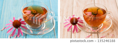 Cup of echinacea tea on blue and white wooden background 135246188