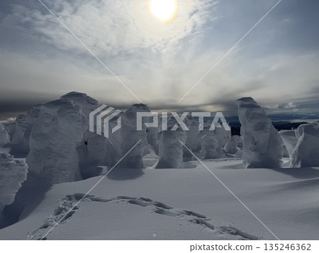 Rime trees lining the winter mountains and a fantastic sky 135246362