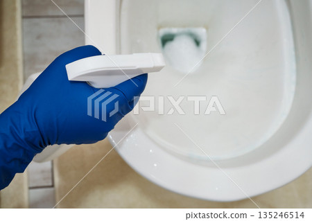 Person wearing blue glove spraying disinfectant into toilet for hygiene and sanitation 135246514