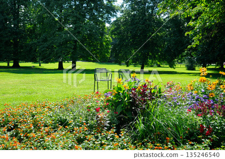 Beautiful summer park with vibrant flower beds and empty metal chairs. Beautiful summer park with vibrant flower beds and empty metal chairs. 135246540