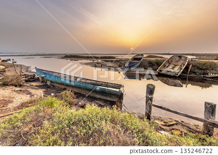 Wrecks of fishing boats in natural harbour 135246722