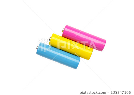 3 colorful batteries. 18650 batteries isolated on white background. Energy concept for devices. background for battery shop 3 colorful batteries. 18650 batteries isolated on white background. Energy concept for devices. background for battery shop 135247106