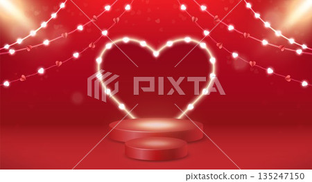 Background with realistic catwalk elements, heart, garlands, and lighting effects. 135247150