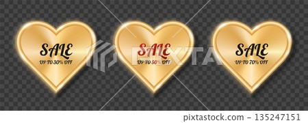 A set of three golden hearts with the inscription sale. A set of three golden hearts with the inscription sale. 135247151