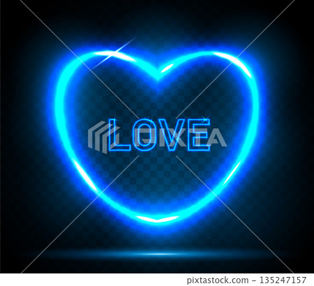 Blue neon heart-shaped frame, heart shape on dark background. 135247157
