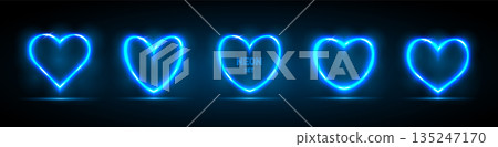 A set of neon heart-shaped frames. Abstract background with space for text. Glowing hearts for holiday cards, banners, invitations. 135247170