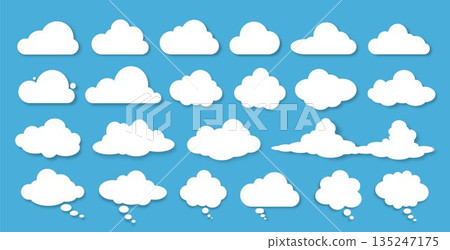 A set of silhouettes of clouds and speech bubbles with a white shadow of various shapes and sizes on a blue background. A set of silhouettes of clouds and speech bubbles with a white shadow of various shapes and sizes on a blue background. 135247175