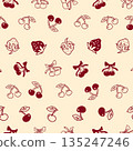 Seamless repeating pattern featuring cherries berries leaves and small fruits in a warm vintage color palette. Perfect for fabric prints wallpaper gift wrap branding stationery and classic surface 135247246