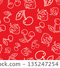 Eye catching seamless repeat pattern with hand drawn cherry line art on a bold red background. Ideal for statement fabrics wallpaper packaging fashion prints and vibrant surface design collections. 135247254