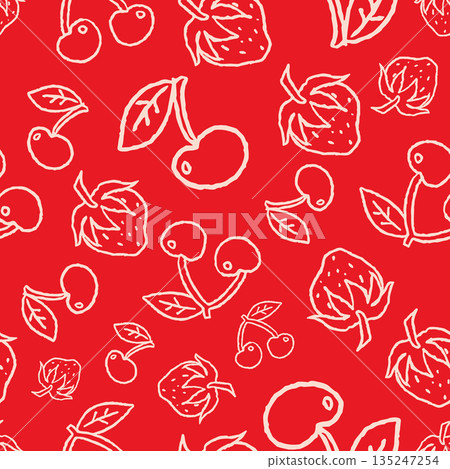 Eye catching seamless repeat pattern with hand drawn cherry line art on a bold red background. Ideal for statement fabrics wallpaper packaging fashion prints and vibrant surface design collections. Eye catching seamless repeat pattern with hand drawn cherry line art on a bold red background. Ideal for statement fabrics wallpaper packaging fashion prints and vibrant surface design collections. 135247254